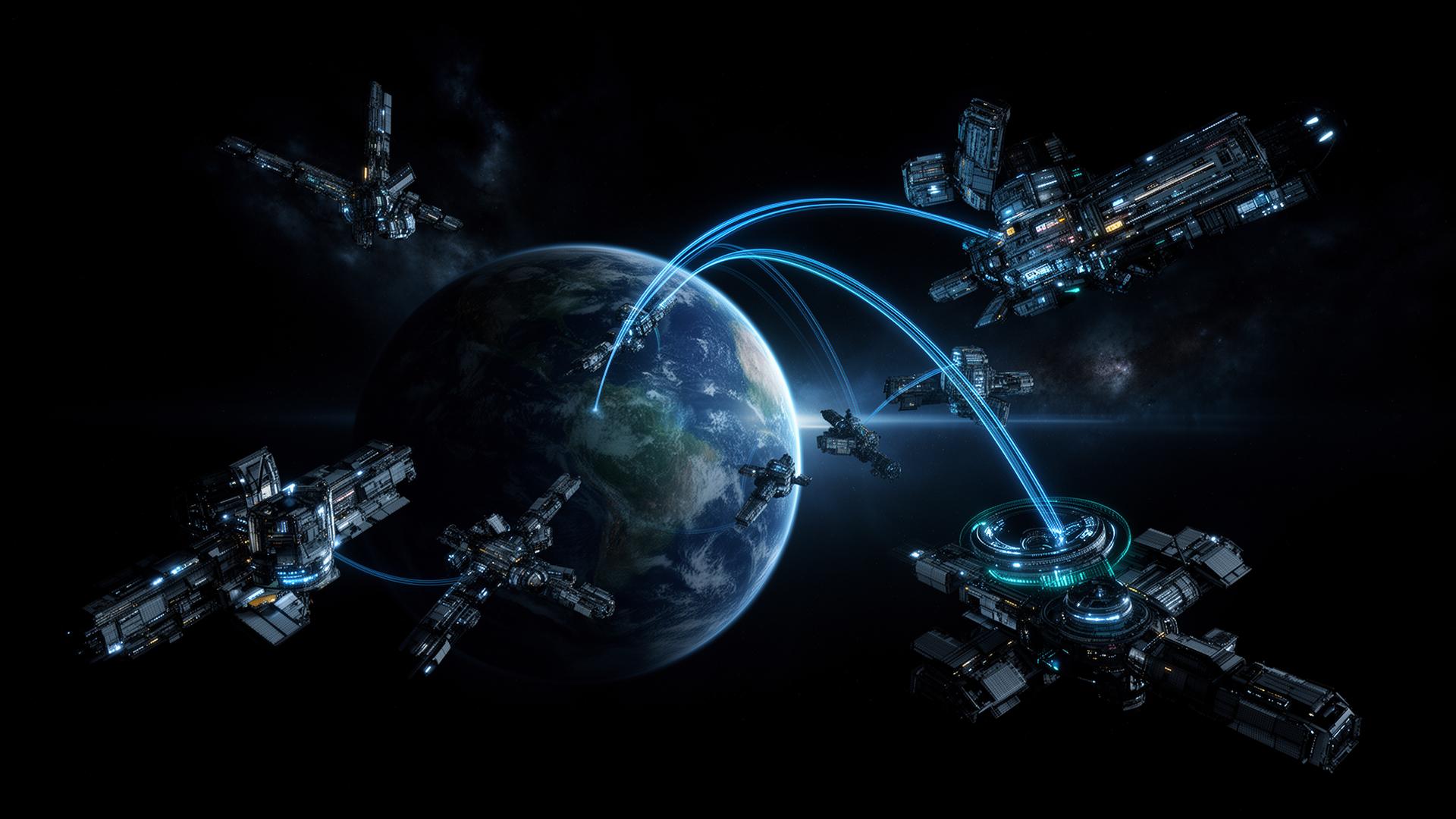 Earth from space with orbital habitats